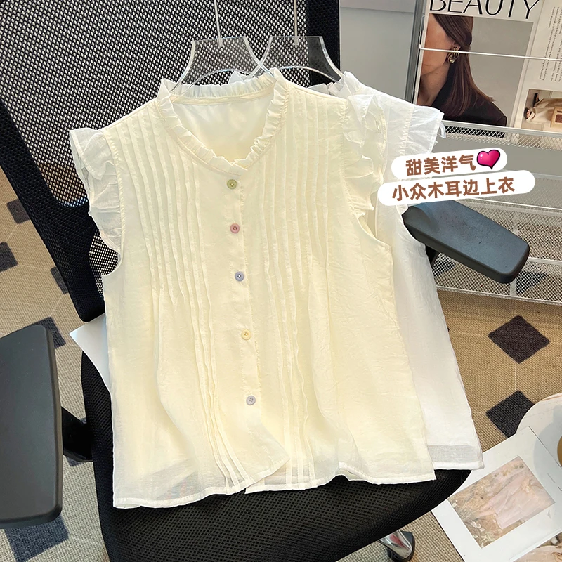 夏季薄款法式荷叶边飞飞袖雪纺衬衫女衬衣减龄花边领小众显瘦上衣