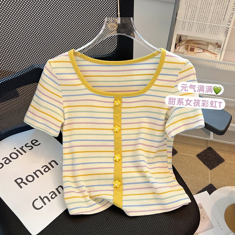 夏季新款方领条纹短袖t恤女短款修身小个子设计感打底百搭上衣ins