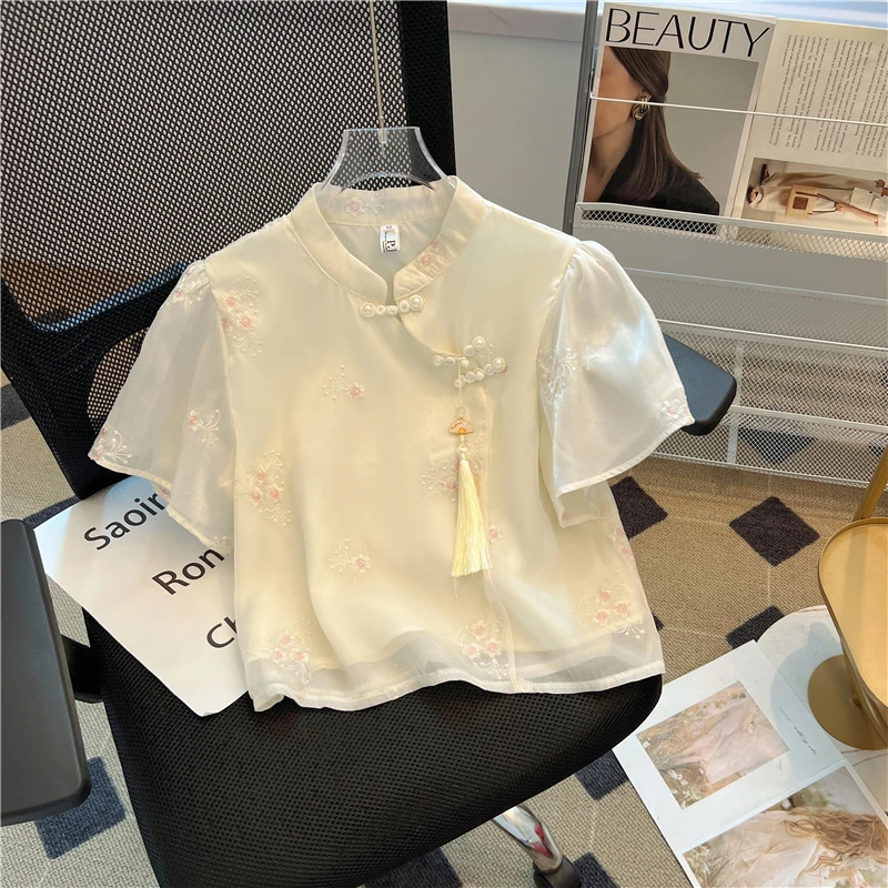 2025夏季新款新中式国风刺绣盘扣网纱衬衫女复古上衣绣花短款小衫