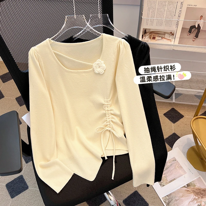 早秋新款长袖针织衫t恤女设计感时尚小众不规则抽绳修身气质上衣
