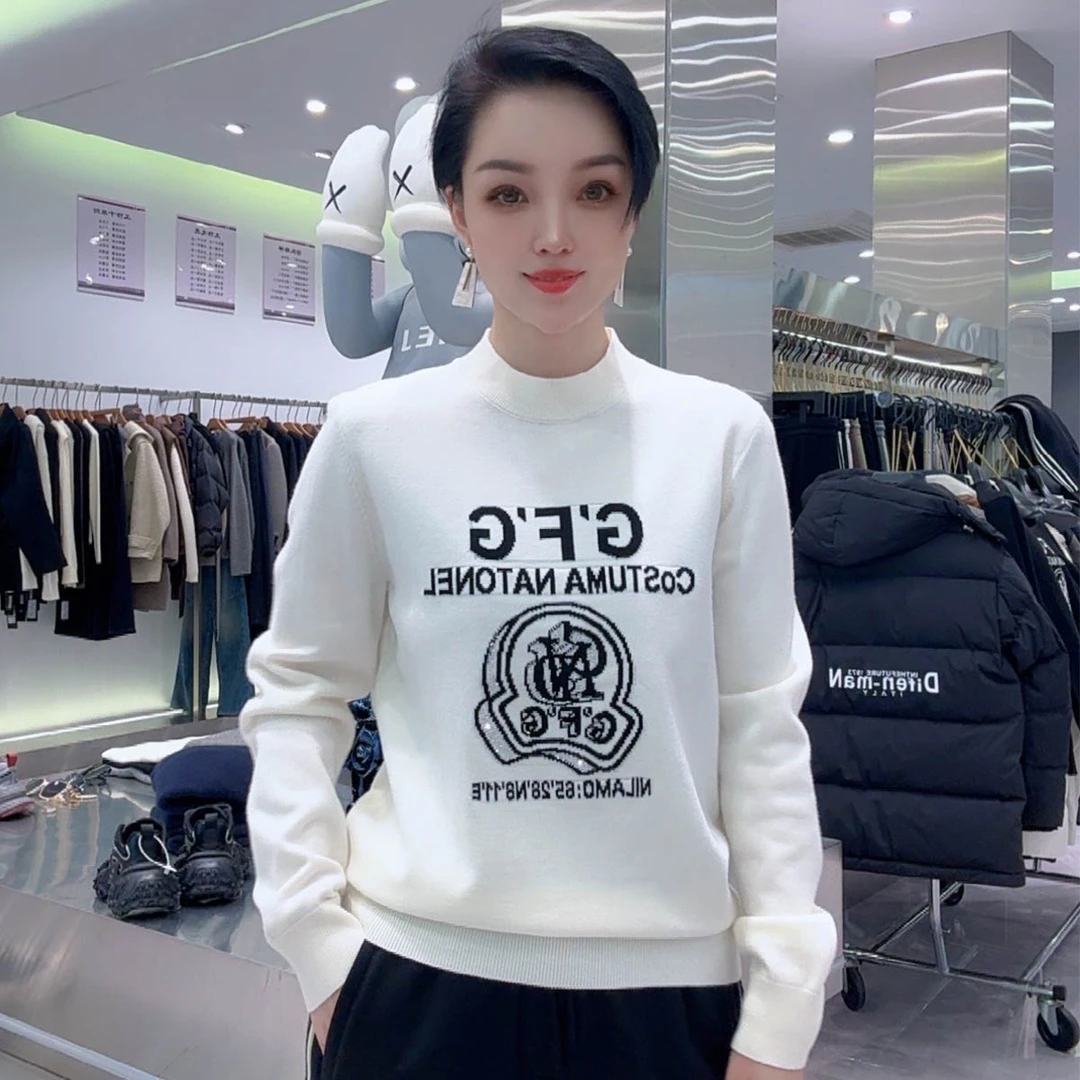 【华尔街名品】2024秋冬新款圆领内搭舒适男士刺绣羊毛衫时髦百搭