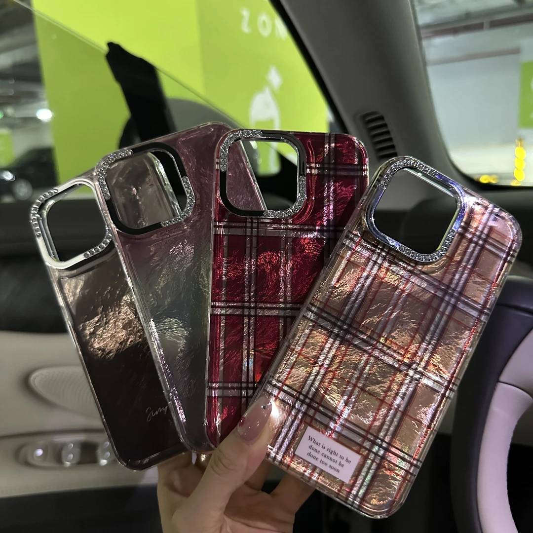 适用苹果iPhone16/13系列新款网红壳1简约半钻镜头框气囊硬背软边