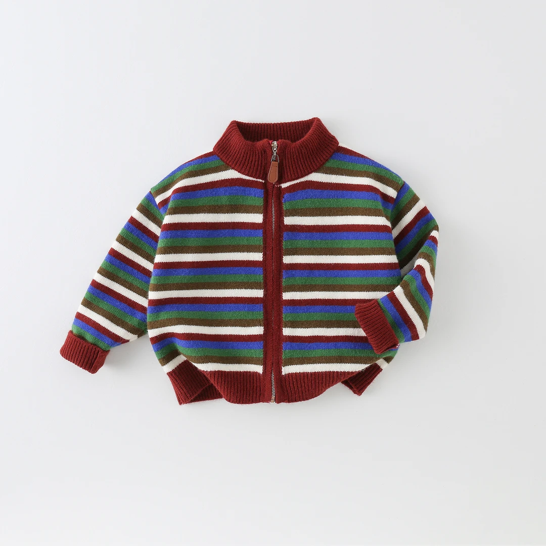 儿童毛衣开衫春秋2024新款男童时髦洋气条纹拼接中小童外套