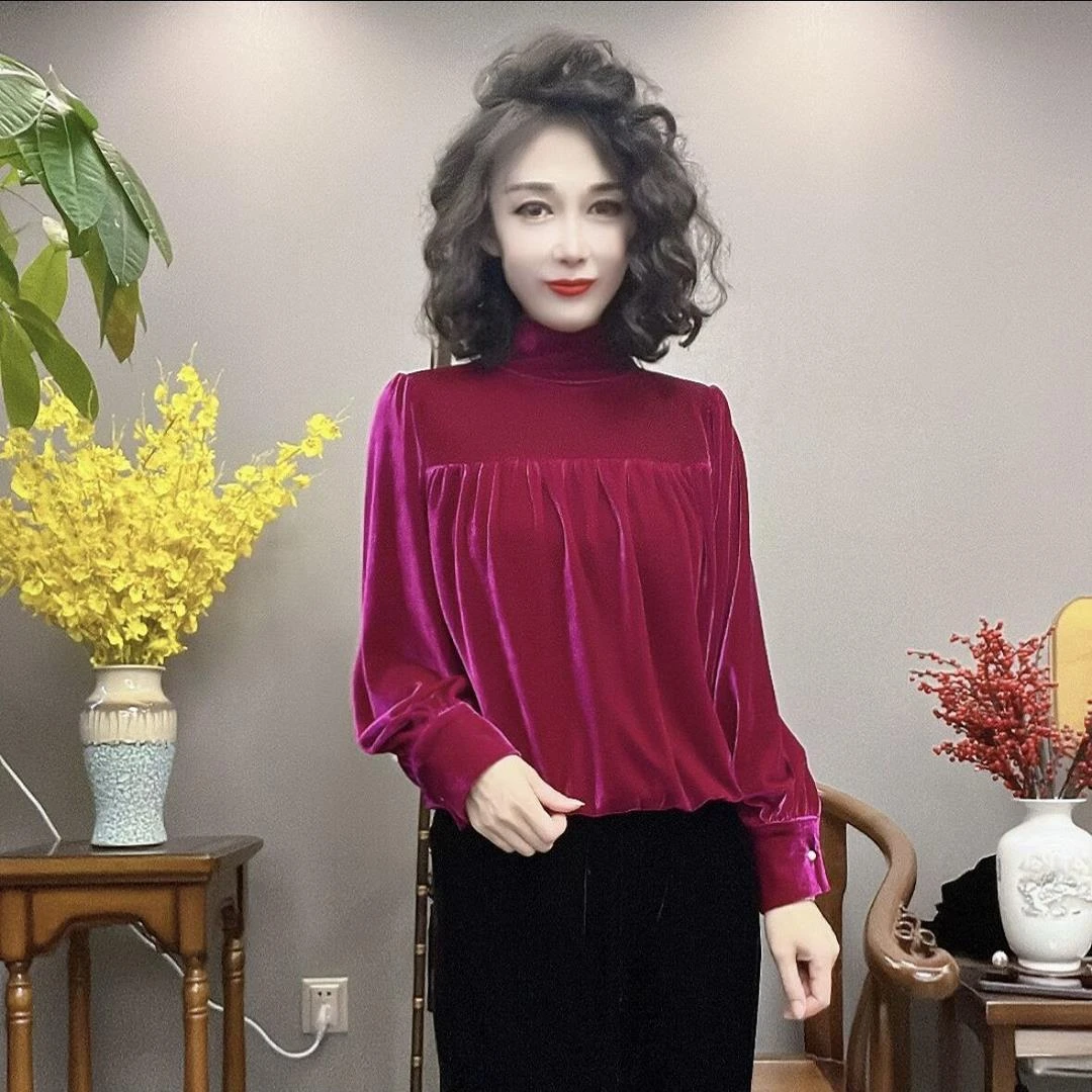 立领金丝绒抽褶上衣女秋冬时尚宽松显瘦气质名媛复古打底衫小衫潮
