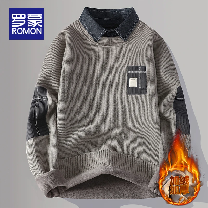 罗蒙男士秋冬季加绒假两件翻领毛衣男款时尚潮流保暖打底针织衫男