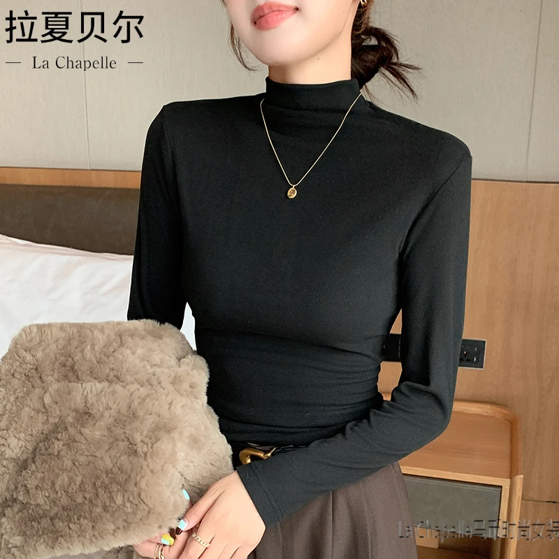 拉夏贝尔半高领长袖T恤西装内搭德绒保暖打底衫女秋冬季修身显瘦
