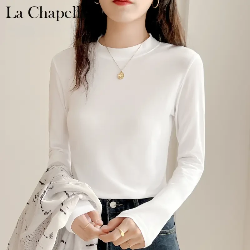 拉夏贝尔 半高领白色打底衫女小立领内搭长袖修身纯棉早春秋装T恤