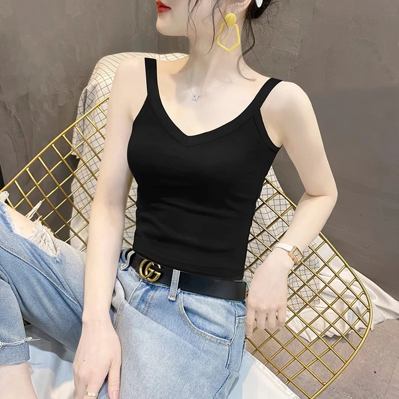 拉夏贝尔黑色V吊带背心女内搭春游新款洋气网红无袖打底衫美背