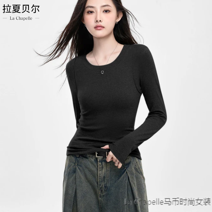 拉夏贝尔女装打底衫秋冬辣妹风亲肤显瘦长袖设计感T恤内搭螺纹