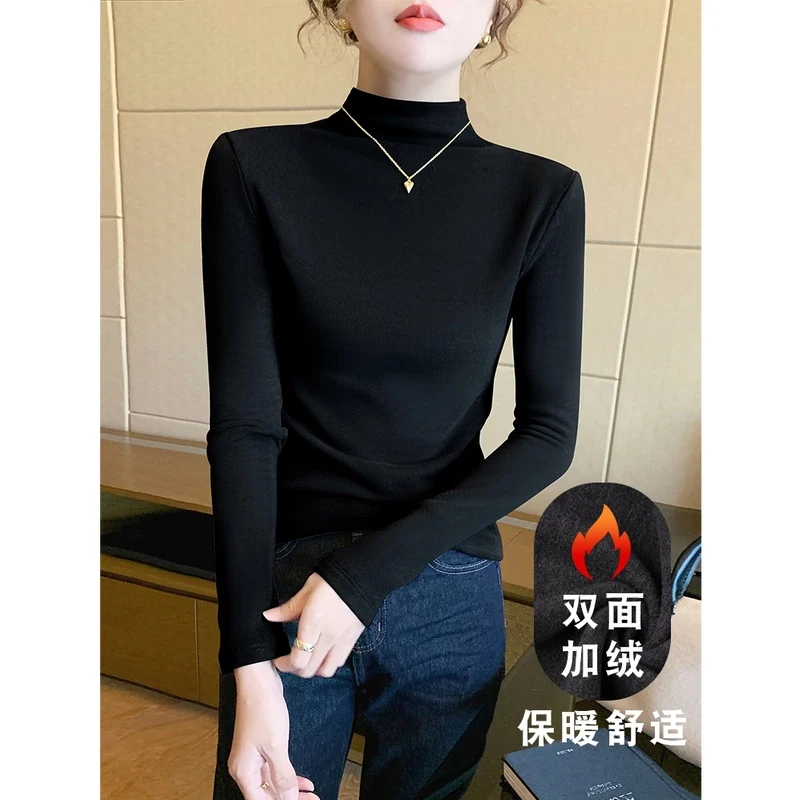 黑色半高领加绒加厚打底衫内搭女春秋冬2024新款双面德绒中领上衣