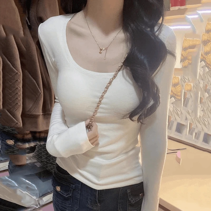 温柔风低圆领正肩长袖T恤女修身显瘦上衣洋气白色内搭打底衫春秋