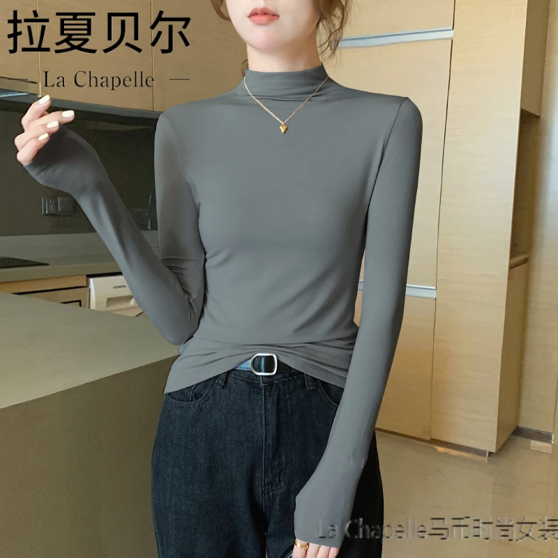 拉夏贝尔新品高端新款洋气薄款长袖中领上衣半高领打底衫女内搭