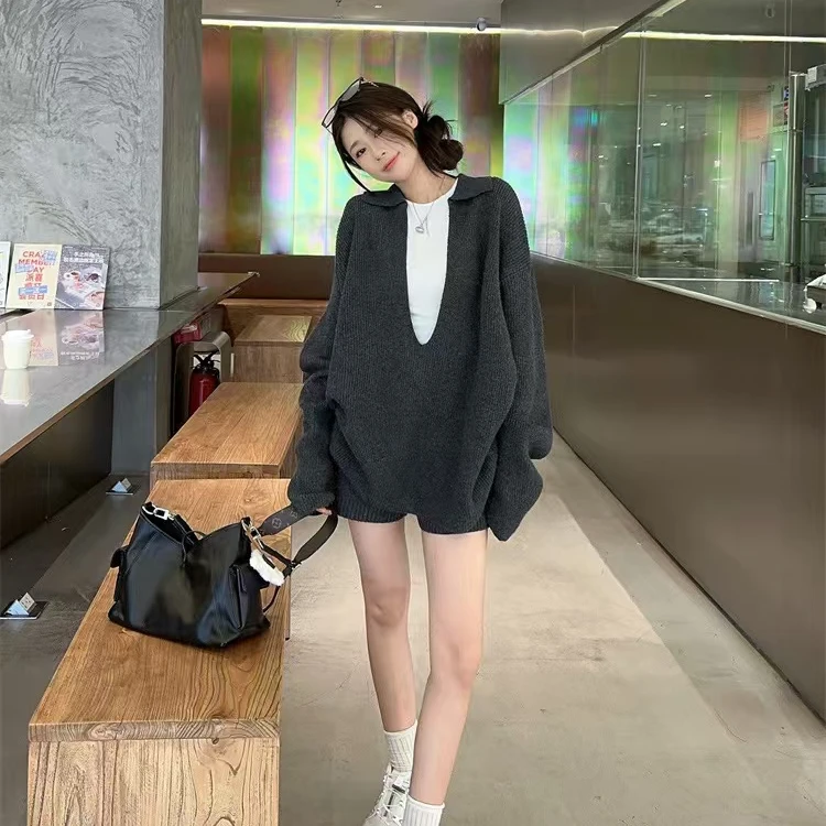 （年底清清深V）2024年冬Polo领中长款宽松软糯毛衣韩版时尚慵懒风