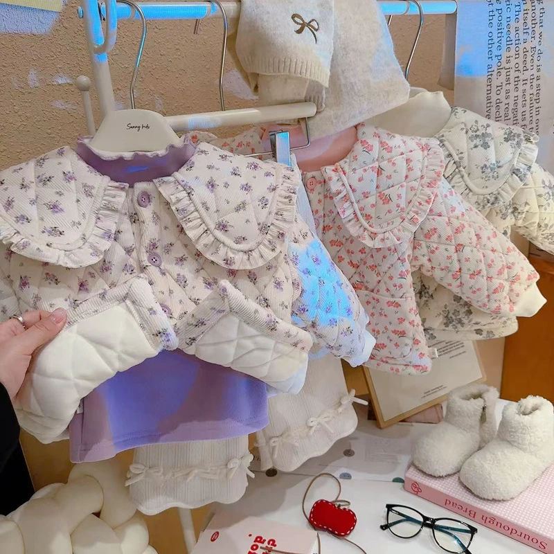 女童碎花夹棉外套2025新款冬季宝宝棉衣韩系娃娃领小女孩棉服上衣