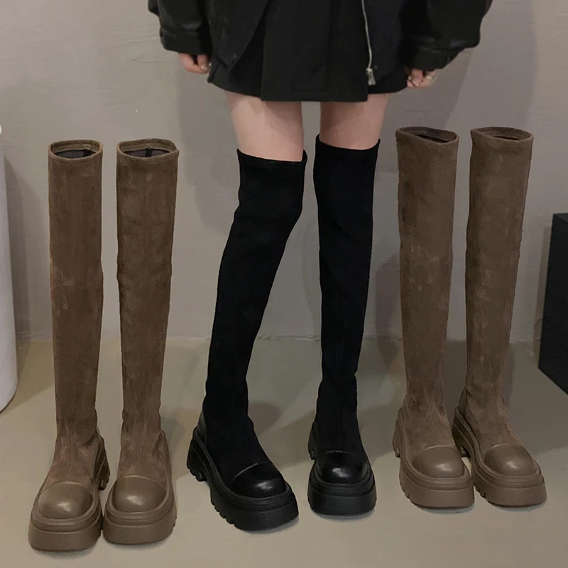 【贾不假】过膝靴女2025秋季新款小个子厚底复古风显瘦洋气弹力靴