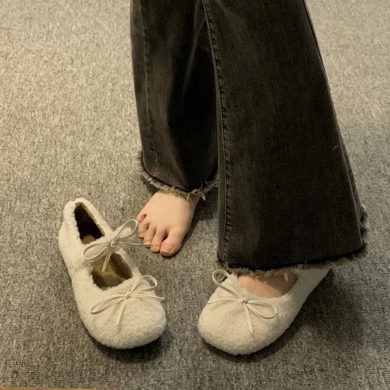 贾不假毛毛鞋女2023年冬季新款时尚洋气蝴蝶结平底舒适韩系豆豆鞋