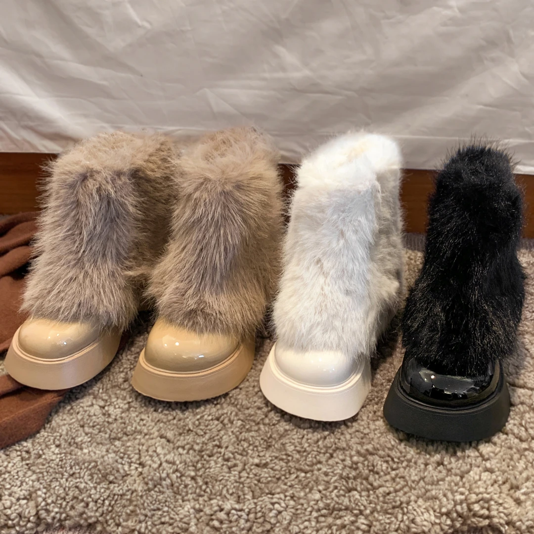 D贾不假长毛雪地靴2024新款时尚百搭加绒加厚冬季保暖厚底雪地靴