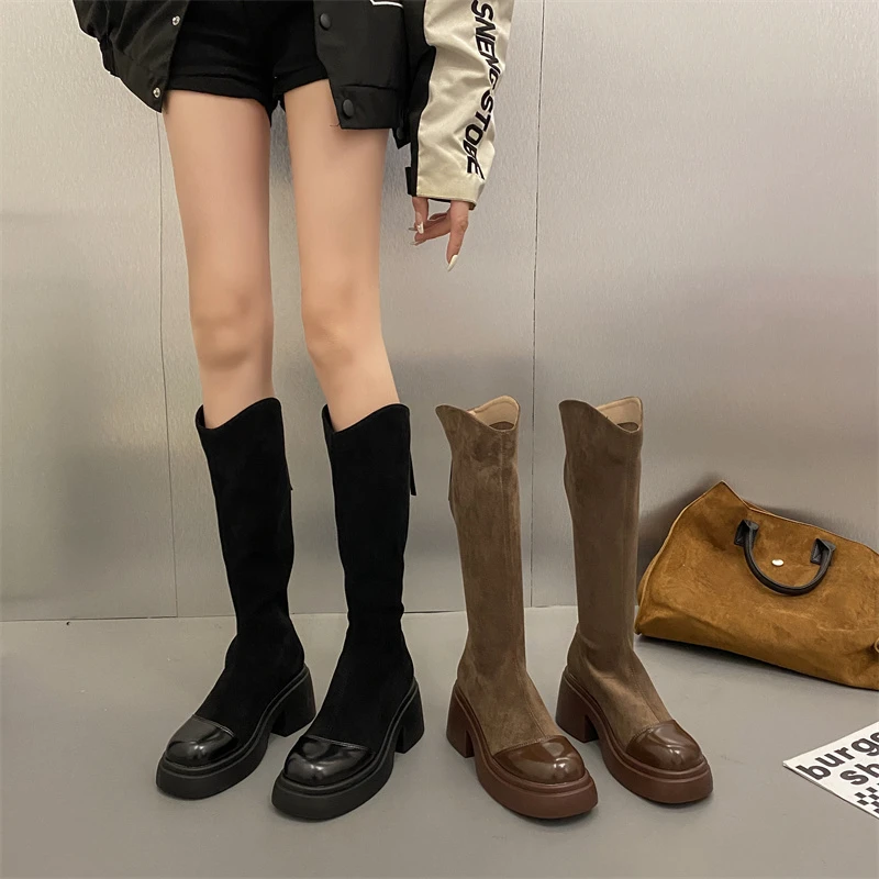 【贾不假】2023秋冬新款女厚底加绒弹力瘦瘦靴不过膝小个子绒面长