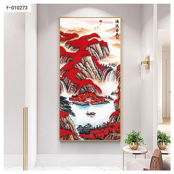 鸿运当头山水招财中式入户背景墙装饰画客厅走廊玄关壁画国画竖版