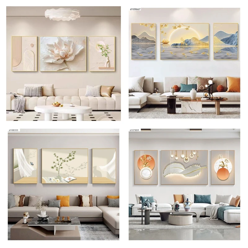 高端三联壁画沙发背景墙轻奢现代新款花卉山水客厅装饰画简约时尚