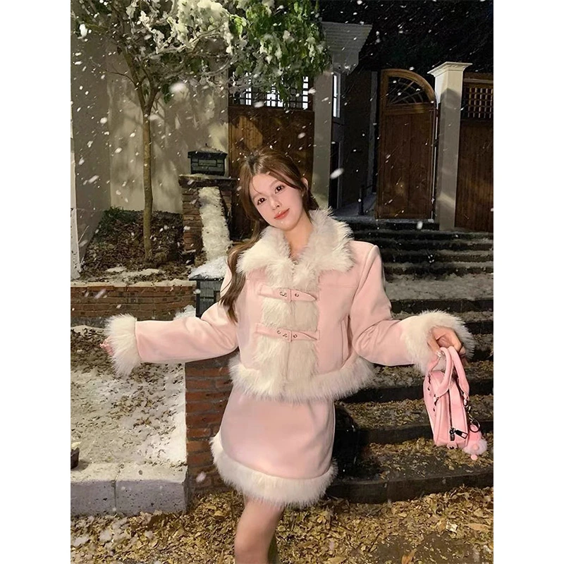 桃桃芝士冬季小香风富家千金毛领浅粉色外套半身裙两件套套装