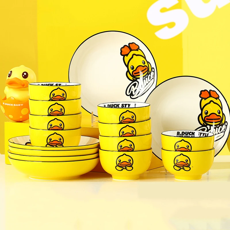 小黄鸭套装碗碟碗碟盘陶瓷碗盘子组合卡通碗碟餐具碗盘餐具全套