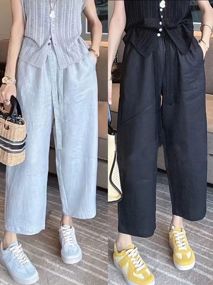 2025年秋季新款棉麻裤子大码女款高腰薄款休闲裤女宽松显瘦直筒裤