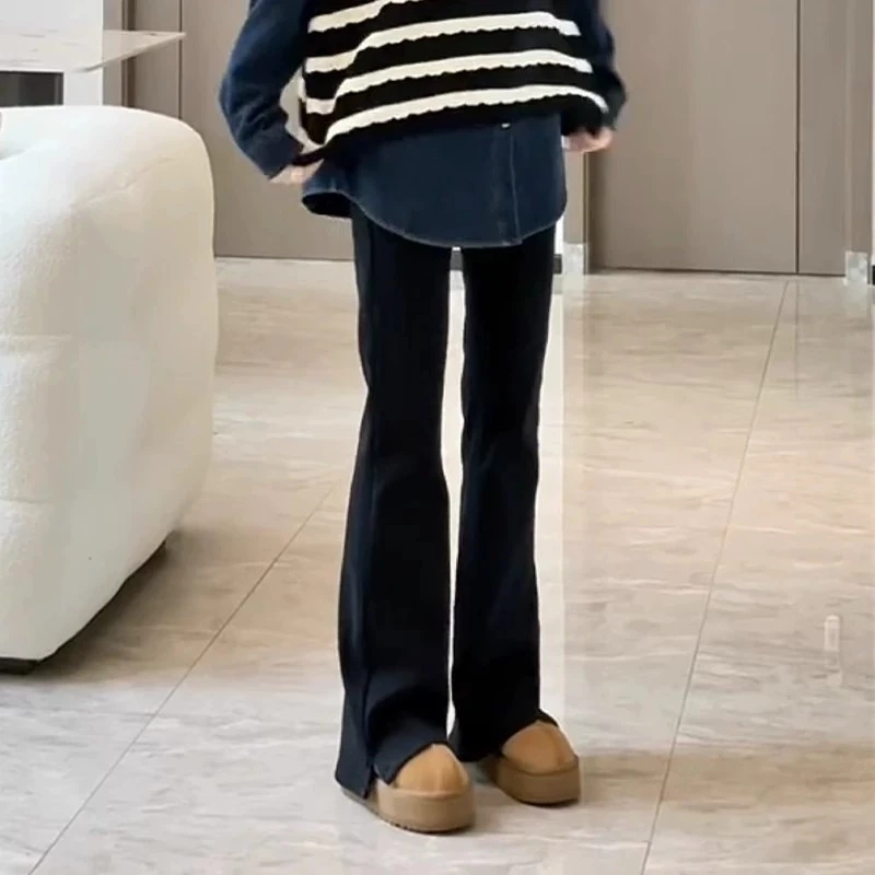 窄版开叉微喇牛仔裤女秋季高腰显瘦马蹄裤大码梨形身材胖mm拖地裤