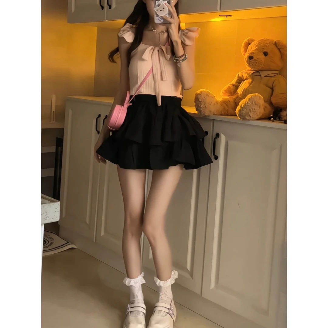 时尚小飞袖吊带夏季蝴蝶结绑带甜美小背心+百搭短款蛋糕裙套装