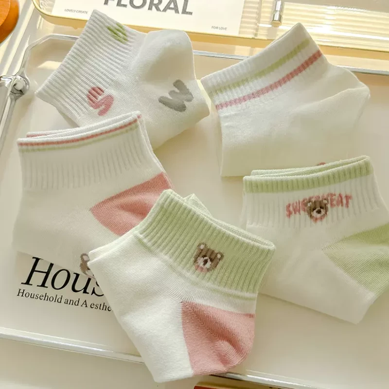 铎朵春夏可爱袜子女纯棉短袜绿色薄款潮袜透气小熊女船袜浅口运动
