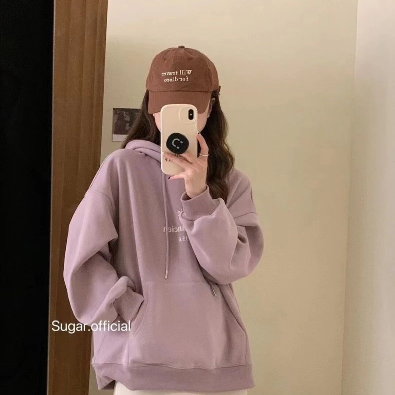 Mobilie秋冬季字母印花连帽加绒卫衣女卫衣双层帽
