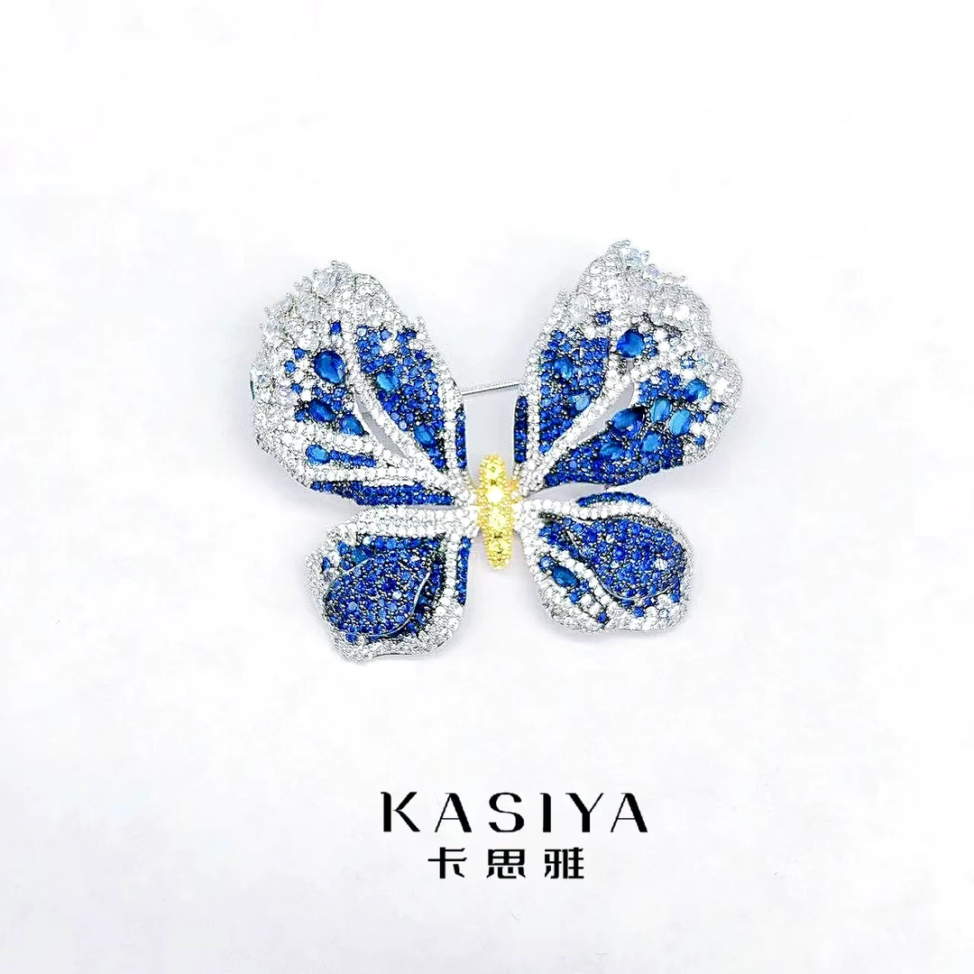 kasiya/卡思雅 铜合金合成锆石胸针 高档银蓝色蝴蝶胸针气质优雅