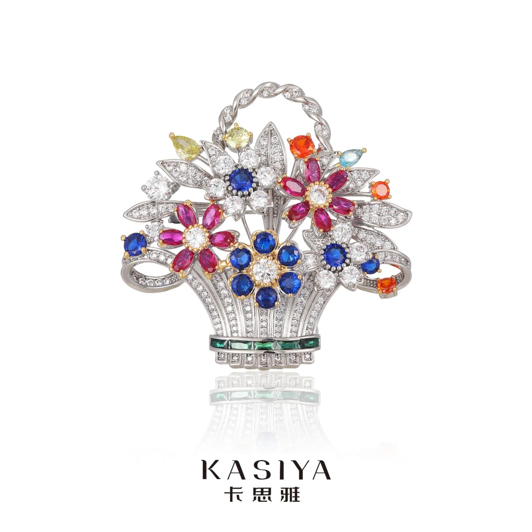 kasiya/卡思雅 铜合金仿水晶胸针 秋季五彩花篮胸针外套百搭款