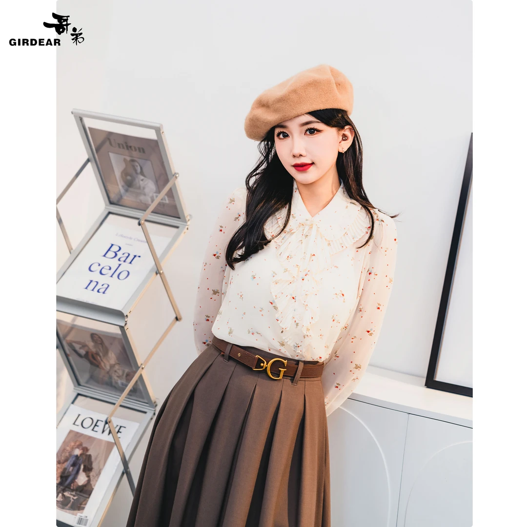 GIRDEAR/哥弟高级质感时尚百搭蕾丝轻职风雪纺衬衫女长袖 1300114