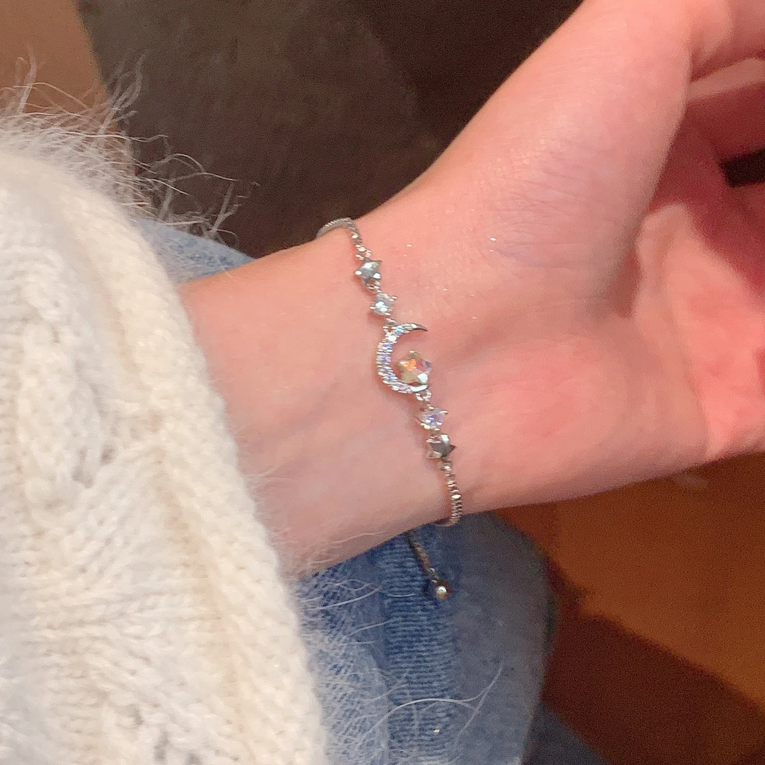 合金手链 闪锆星月女生轻奢小众设计高级感抽拉气质手环简约百搭