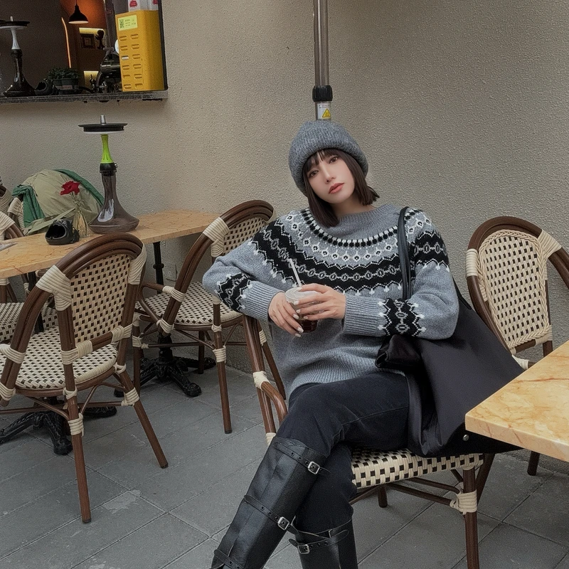 【rarer rarer】费尔岛复古提花灰色套头毛衣6时尚针织百搭 240137