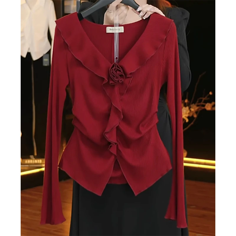 秋季女装2024新款时尚气质针织V领木耳边立体装饰设计长袖T恤上衣