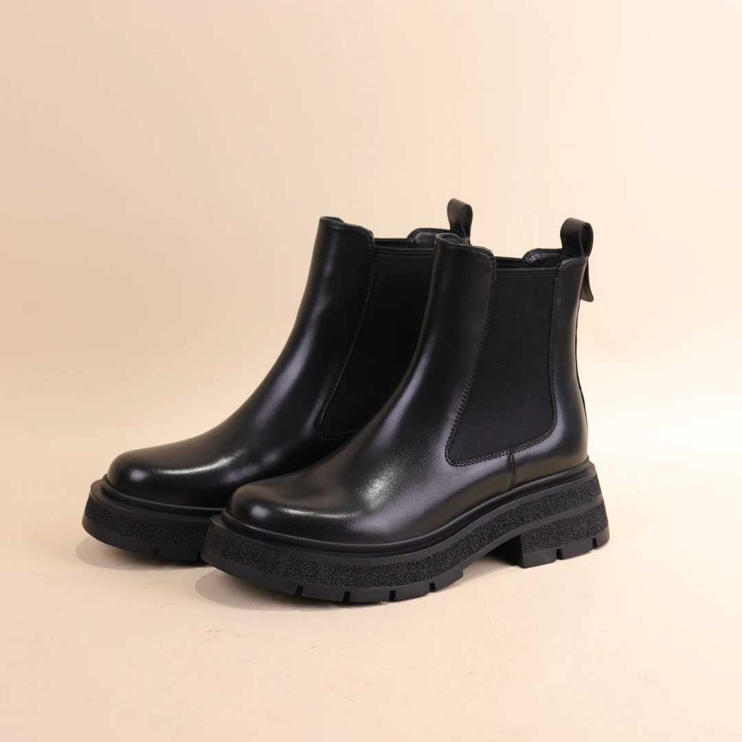 女靴胎牛皮厚底舒适时尚百搭秋冬单靴毛靴休闲黑色真皮复古 221