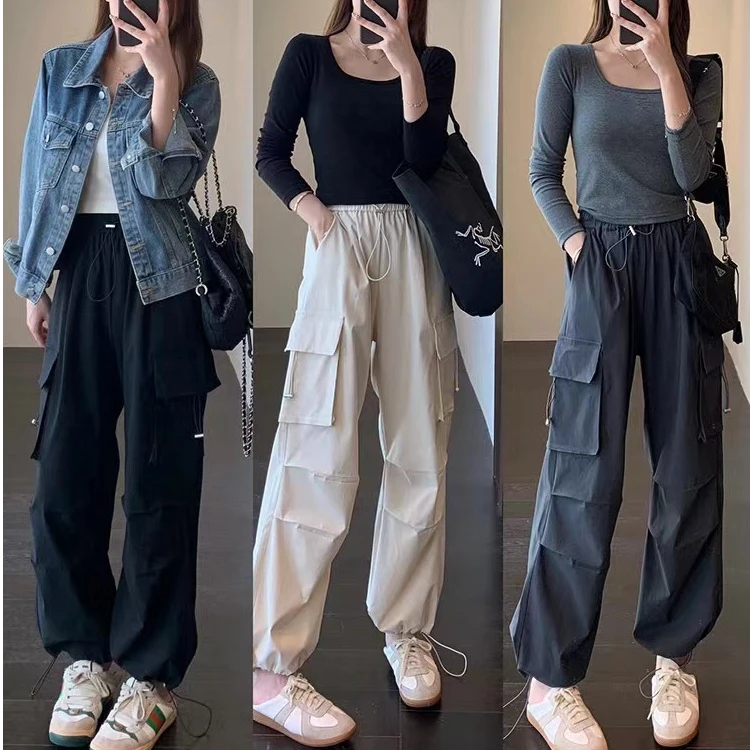 美式工装裤高腰休闲阔腿裤直筒束脚裤秋冬