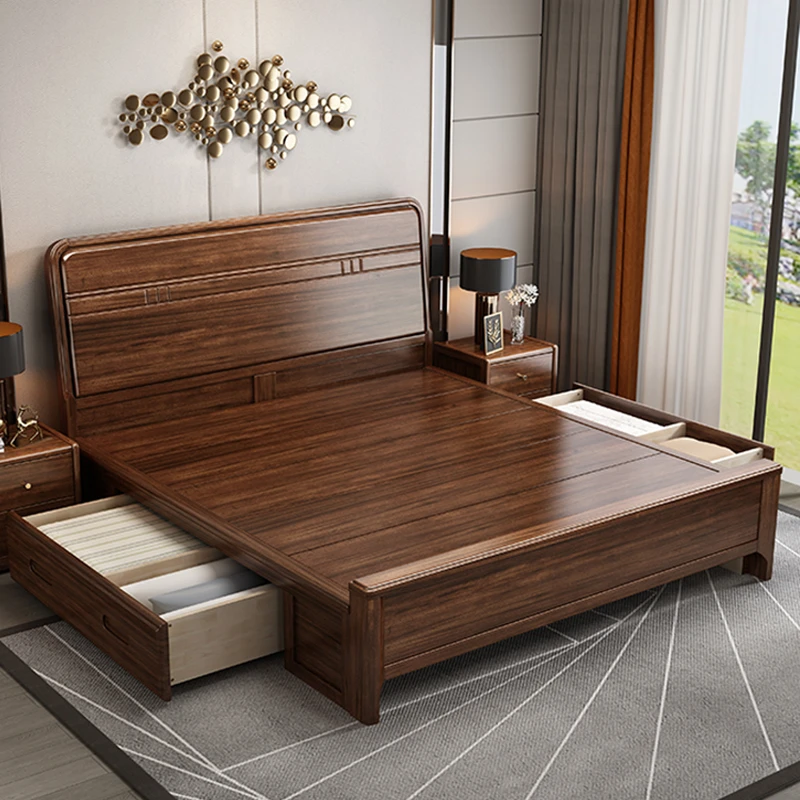 中式胡桃木实木现代简约带抽屉储物1米5双人床家用1米8卧室大床