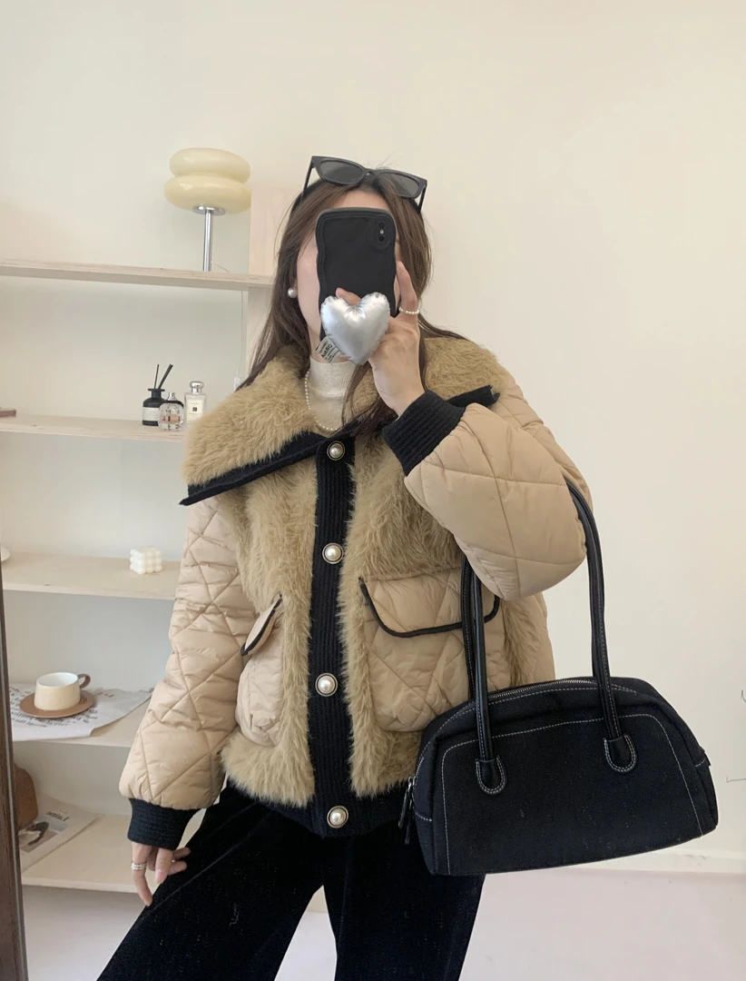 女装毛衣拼接棉衣2024年爆款仿水貂毛拼接棉服棉衣女短款毛衣女装