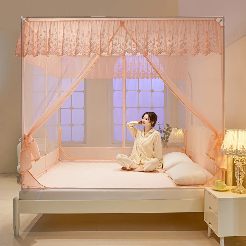 2024新款方顶坐床防摔绣花蚊帐 大空间三开门防蚊睡帐