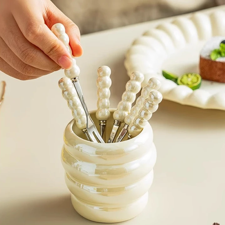 304不锈钢水果叉陶瓷水果签果插点心叉家用小叉子儿童可爱甜品叉