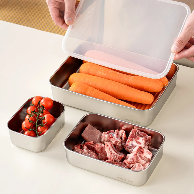 304不锈钢备菜盘带盖火锅配菜盘食品级保鲜盒冰箱用蔬菜分装托盘