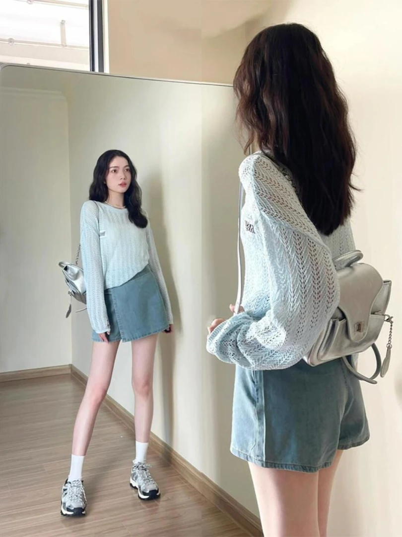 蓝色小清新镂空薄款针织衫女夏季宽松慵懒风配吊带叠穿防晒短上衣