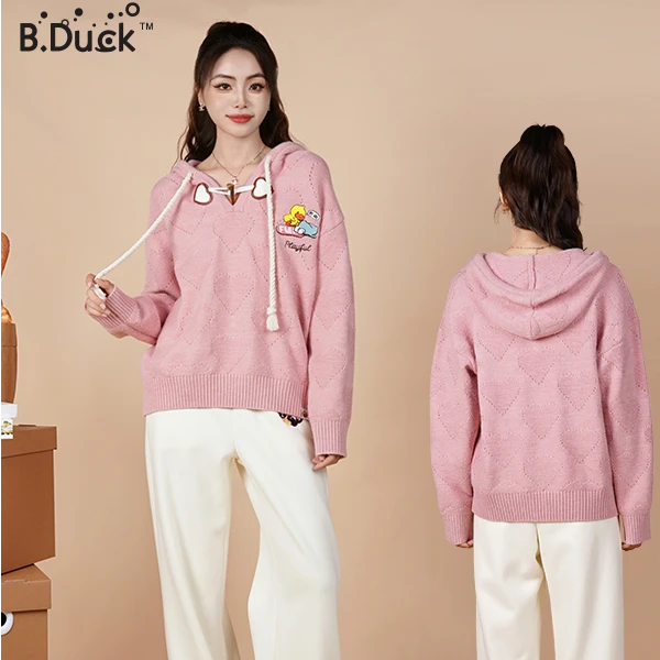B.Duck小黄鸭随笔插画2025秋冬新款爱心连帽针织毛衫粉色毛衣