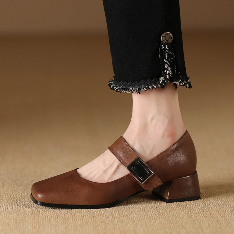 真皮单鞋百搭粗跟方头一字带浅口复古玛丽珍鞋