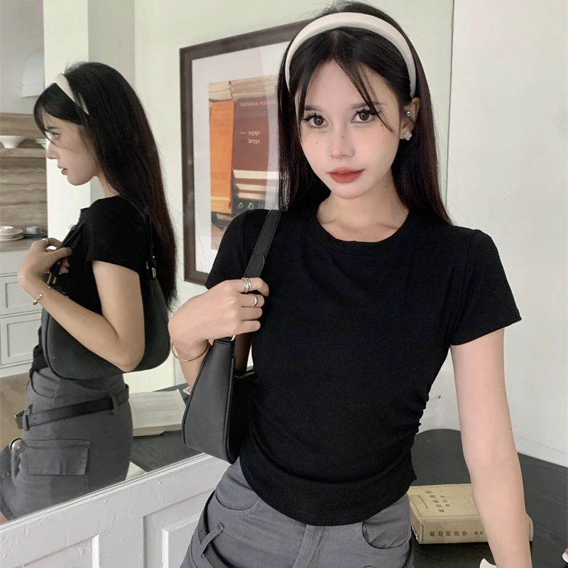 棉质复古别致短袖t恤女夏季新款甜辣妹正肩短款收腰显瘦百搭上衣