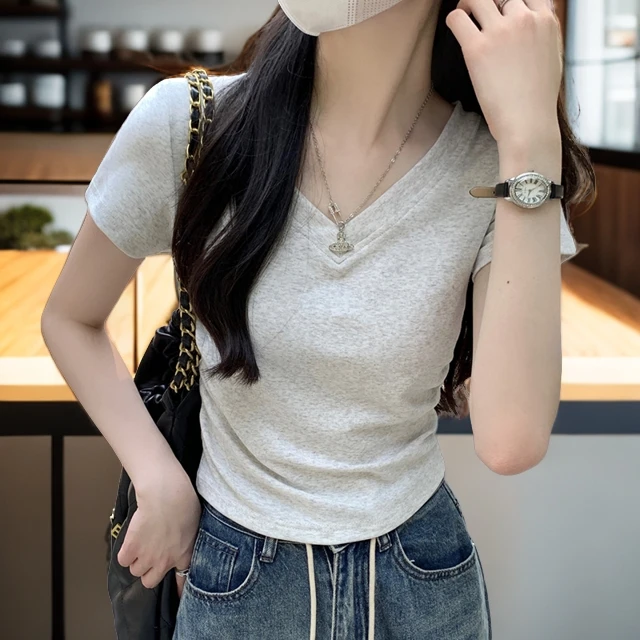 夏季新款女装修身设计感短袖正肩t恤灰色紧身小上衣别致短款体恤