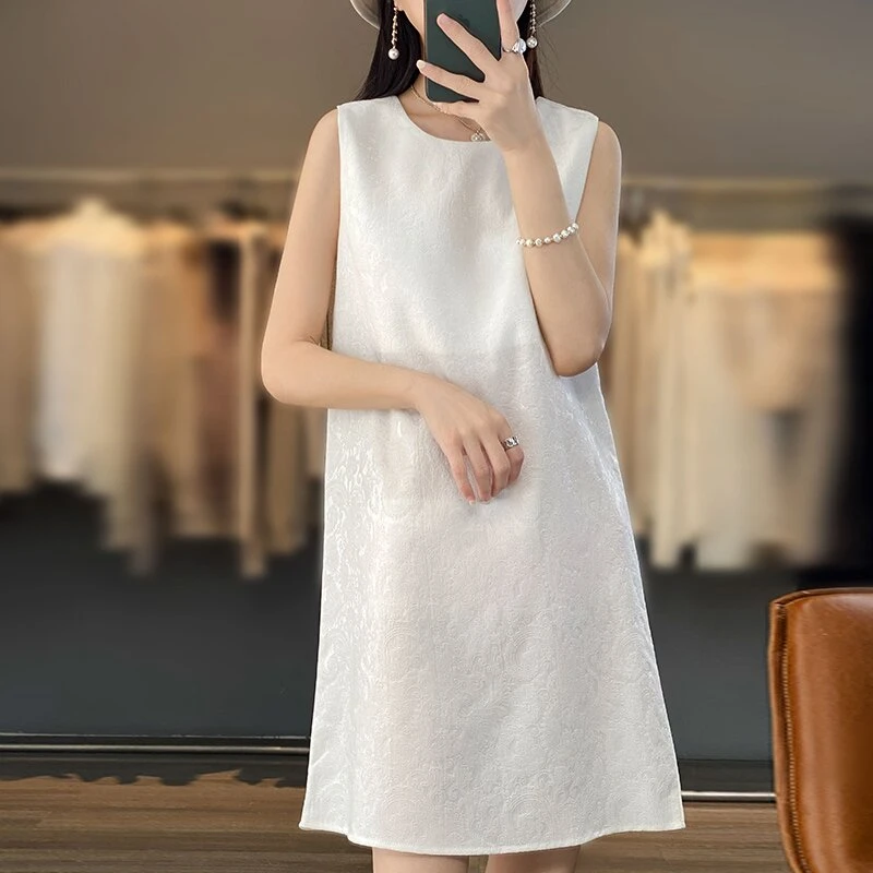 无袖连衣裙气质白色显瘦时尚夏季打底宽松中长款复古背心裙圆领